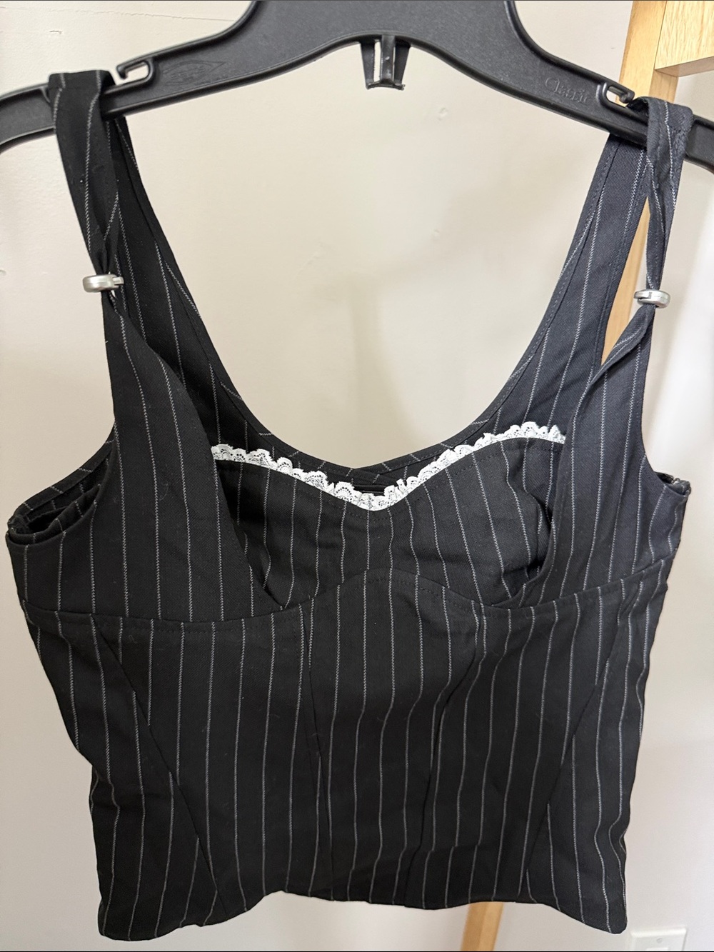 I.AM.GIA Black Pinstripe Lace-Trim Bustier Top